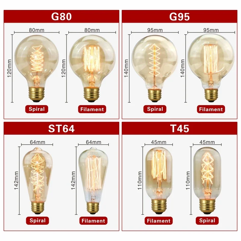 Retro Edison Lamp E27 220V 40W Gloeilamp A60 ST58 ST64 T10 T45 T185 G80 G95 Filament Vintage Ampul gloeilamp Spiraal Lamp