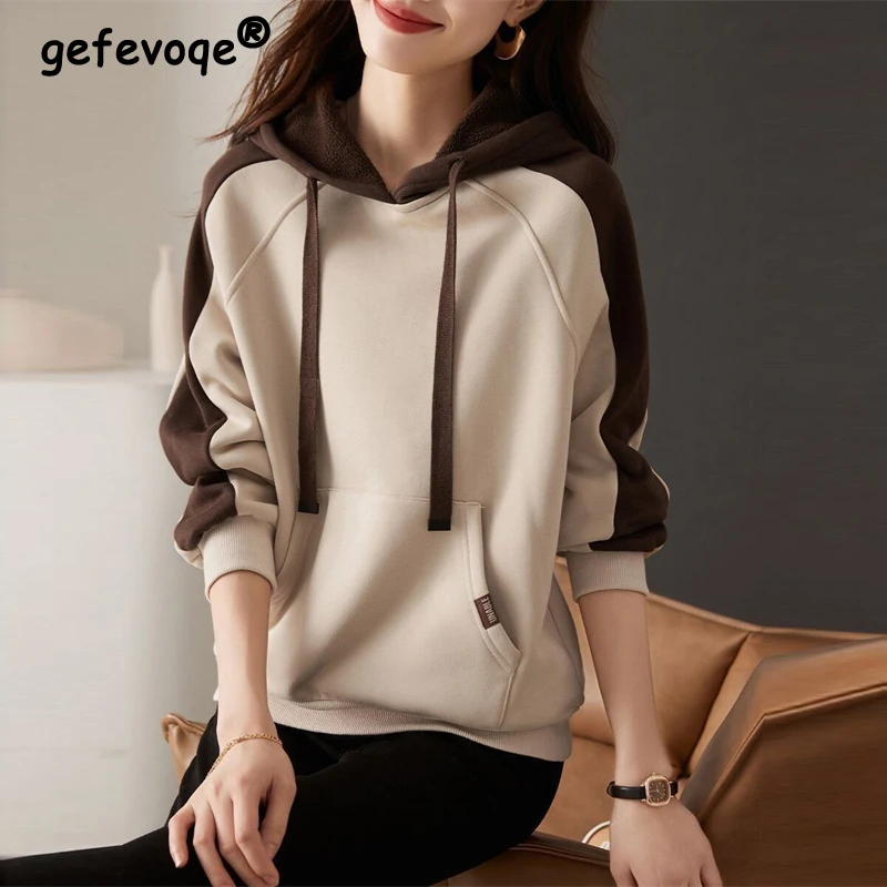 Women Korean Patchwork Fleece Hooded Sweatshirts Autumn Winter Casual Long Sleeve Pullover Tops Female Vintage Oversized Hoodies