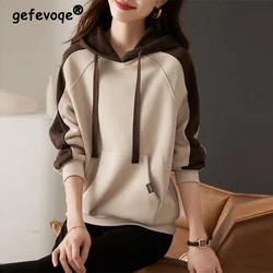 Women Korean Patchwork Fleece Hooded Sweatshirts Autumn Winter Casual Long Sleeve Pullover Tops Female Vintage Oversized Hoodies