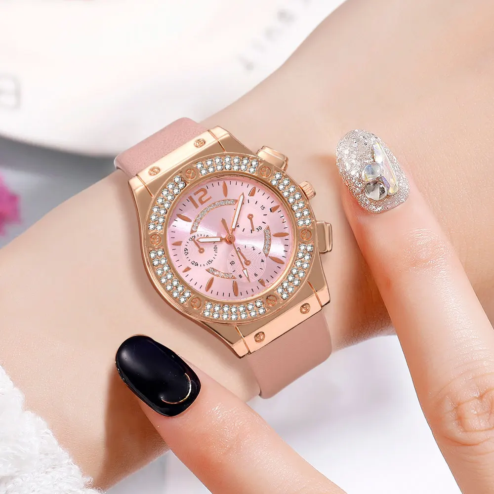 6 PCS New Luxury Love Rhinestone Jewelry Ladies Ring Necklace Earrings Bracelet Set Simple Digital Leather Strap Quartz Watch