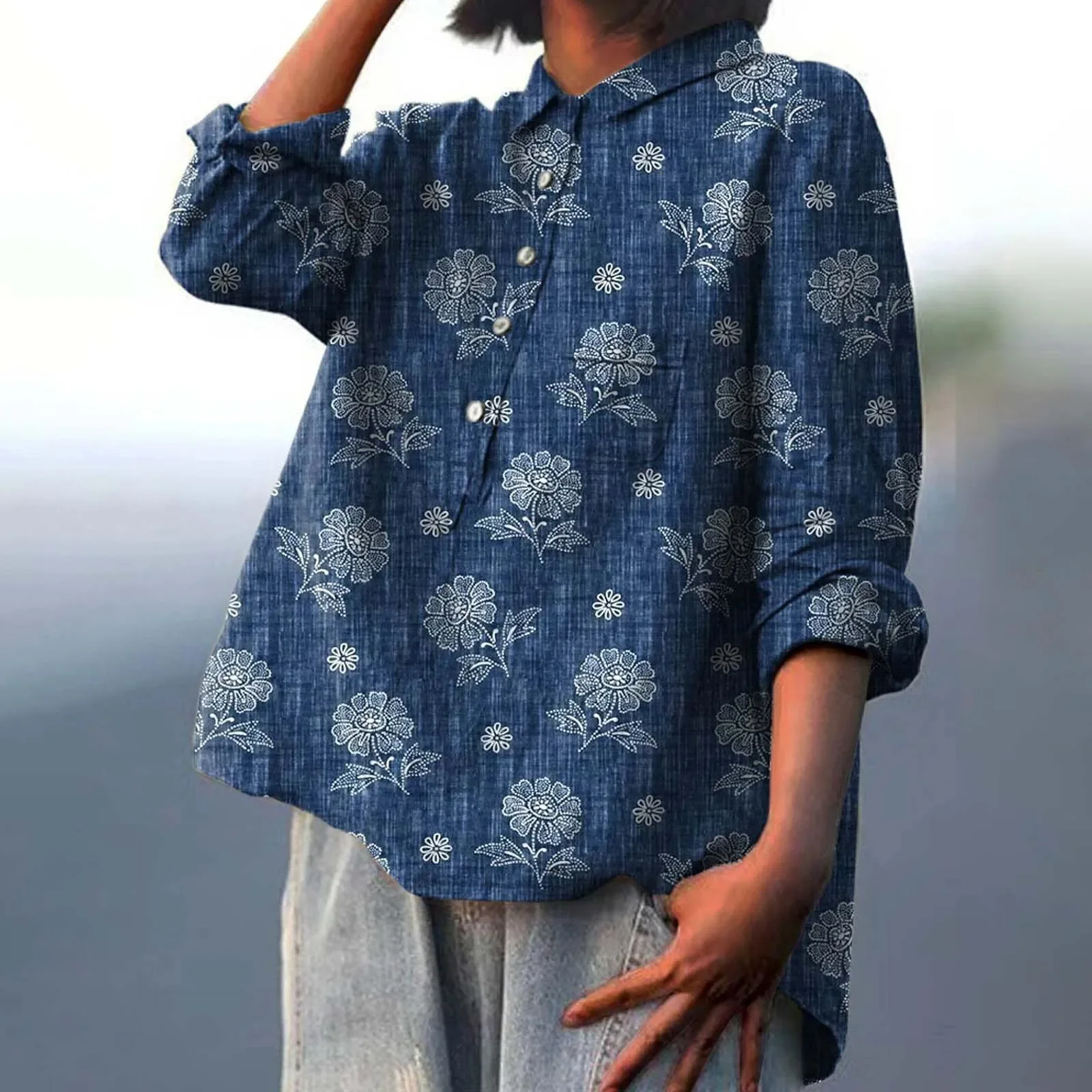 Vintage Print Linen Shirt Women's Blouses Flower Pattern Lapel Neck Casual Long Sleeve Blouse Spring Fall Fashion Pullover Tops