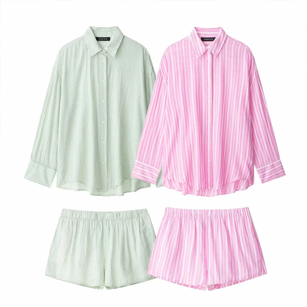 

Fresh Green Pink Polo Collar Long Sleeves Loose Shirt Elastic Waist Short Pants Women Striped Suit Set Spring New