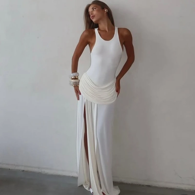 TARUXY Sexy Slit Pleated Dress Women's Fashion Solid Sleeveless Slim High Waist Patchwork Dress Summer New High Street Clothing