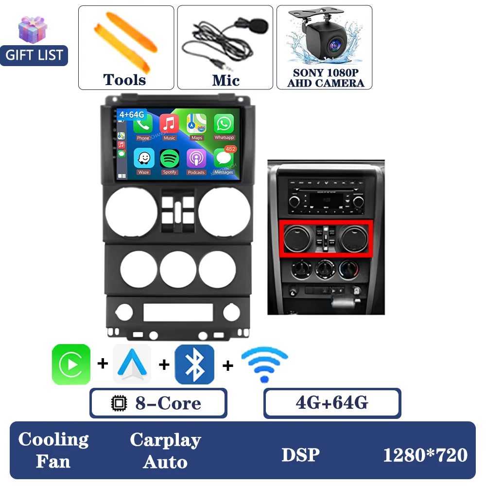Android 16 autoradio voor Jeep Wrangler 3 JK 2008 - 2010 QLED multimediasysteem videospeler 2DIN Qualcomm 4G LTE 5G WIFI BT GPS