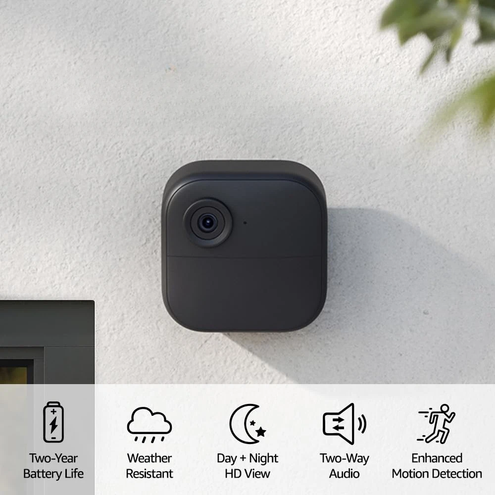 Smart security camera, two-way talk, HD live view, motion detection, set up in minutes, Works with Alexa