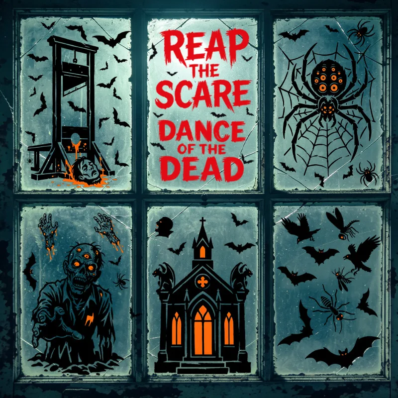 9 Sheets Halloween Tombstone Plague Doctor Church Guillotine Bat Static Window Clings, Glass Door Spooky Holiday Decor Stickers