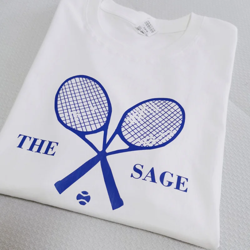 The Sage Tennis Club American Vintage Style White Shirts For Women Short Sleeve Loose Cotton Summer Tops Ins Fashion Tees 2024