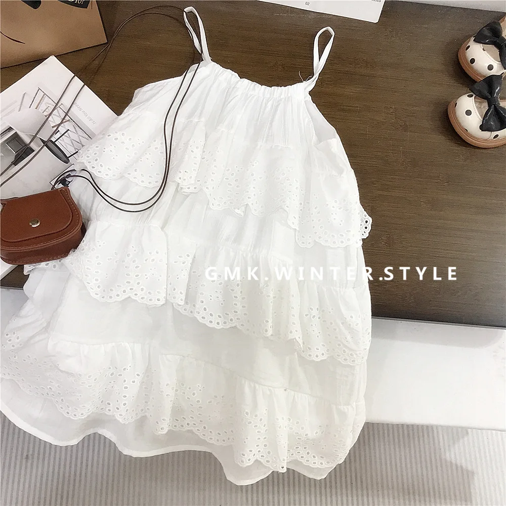 Girls Dress Children's Skirt Summer Dress New Girls Suspender Skirt White Foreign Style Baby Seaside Vacation