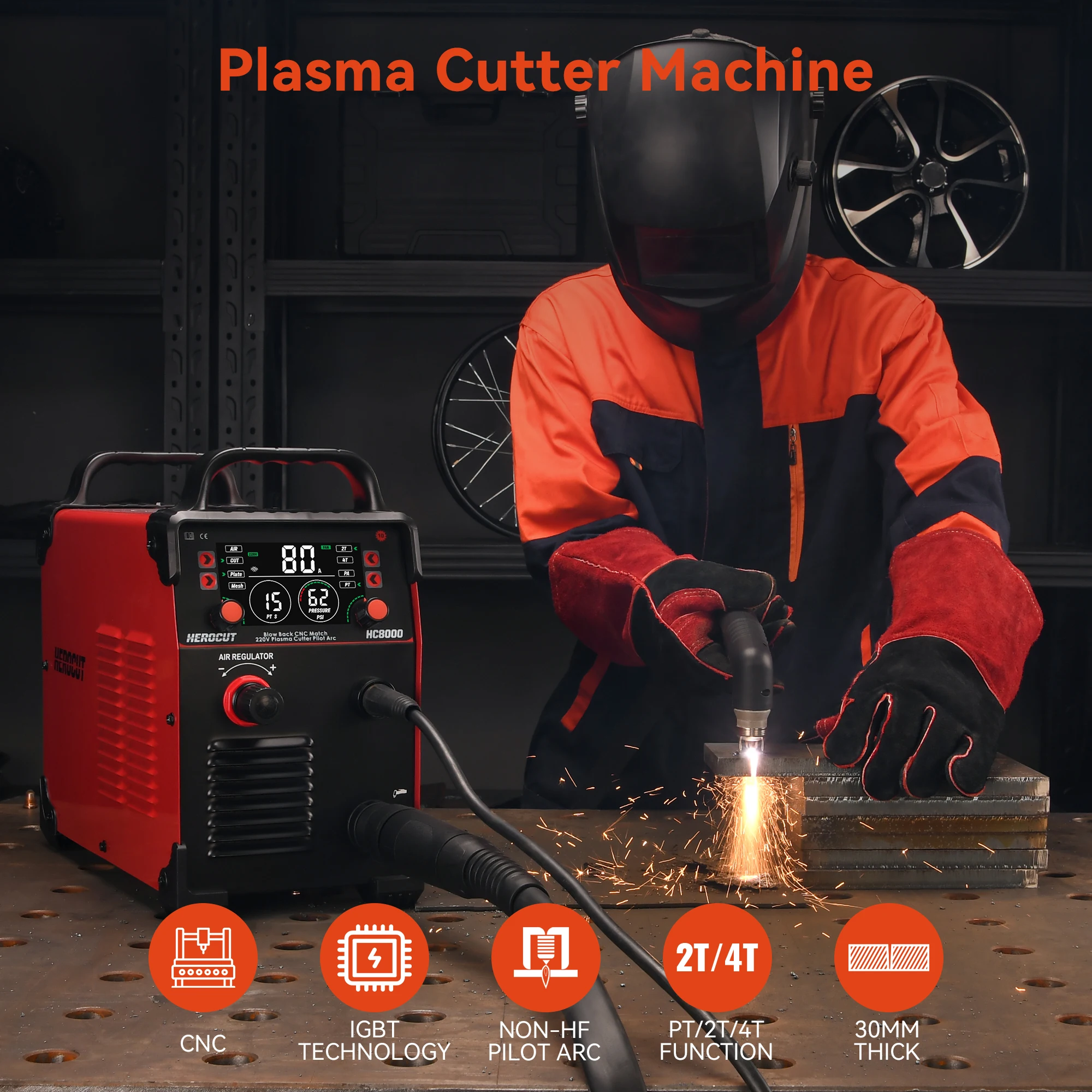 CNC Pilot Arc Plasma Cutter HC8000 80Amps ضربة الظهر آلة قطع غير HF مع شاشة رقمية، تمكين التحكم في ارتفاع الشعلة THC
