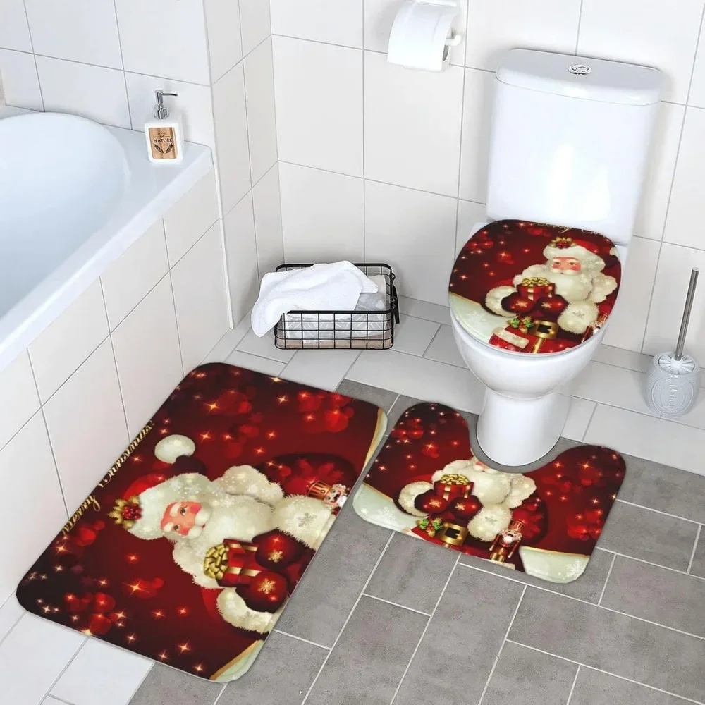 3PCS/set Red Christmas Bath Mat Set Santa Claus Winter 2025 New Year Xmas Home Carpet Bathroom Decor Floor Rug Toilet Lid Cover