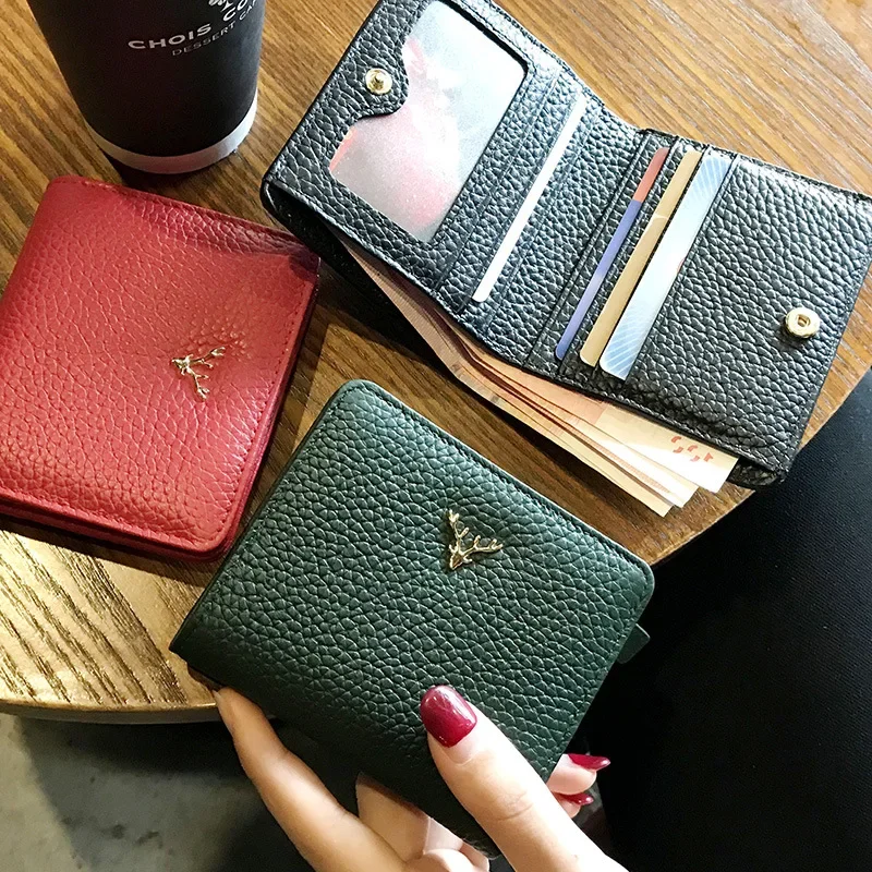 Cowhide Women\'s Purses Short Thin Small Wallet Chic Christmas Deer Button Ladies Genuine Leather Card Holder Wallet Coin Purse