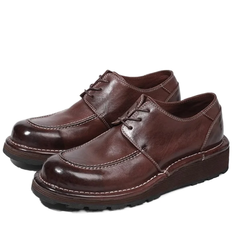 High-end Washed Horsehide Handmade Casual Shoes for Men's British Business Retro Comfortable Round Head Thick-soled Derby Shoes