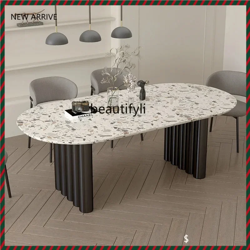 TTT French terrazzo marble dining table Modern light luxury oval cream style simple table