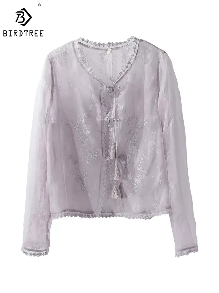 BirdTree 100%Real Silk New Chinese Style Shirt Organza Women's Embroidery Thin Jacket Purple Spring/Summer Short Top T43946QM