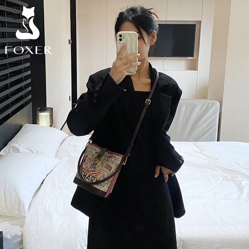 Foxer-PU Couro Elegante Bolsa de Namoro para Mulheres, Premium Commuter, Messenger Shoulder Bag, Lady Office, Impressões Balde, Bolsas Crossbody