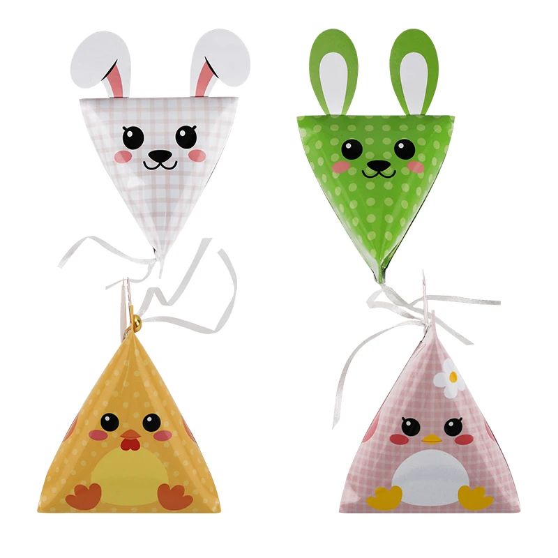 

24PCS Happy Easter Cute Bunny Chick Design Triangle Shape Gift Paper Boxes With Ribbons