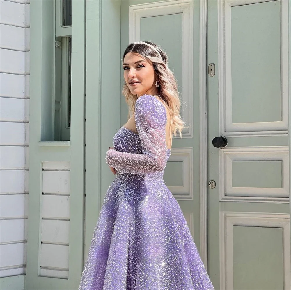 Cathy Lavender A-line Prom Dresses Elegant Long Sleeves Glitter فساتين السهرة  Ankle-Length Shiny Sequins Vestidos De Noche 2024