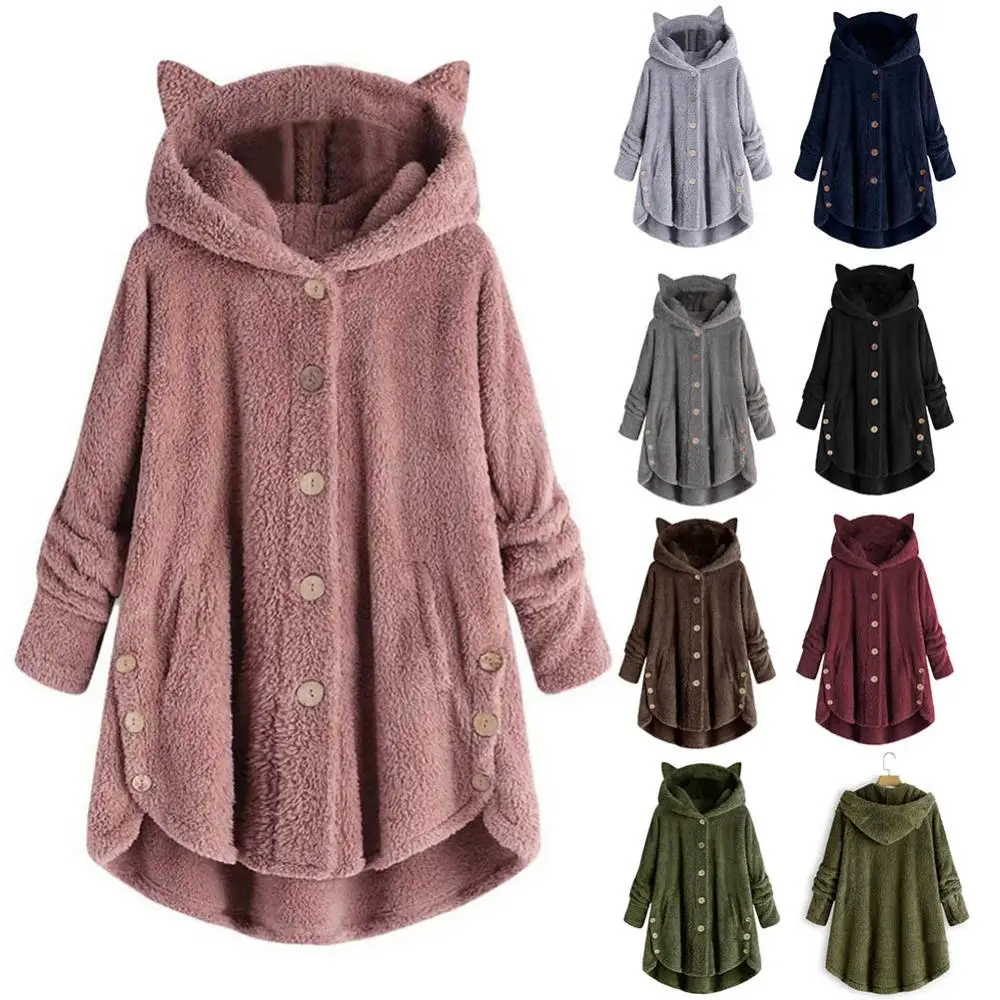 

Winter Hoodie Women Irregular Hem Hooded Cute Hoodies Thick Cats Ears Overcoat Buttons Jacket Fleece Hoodies Coat