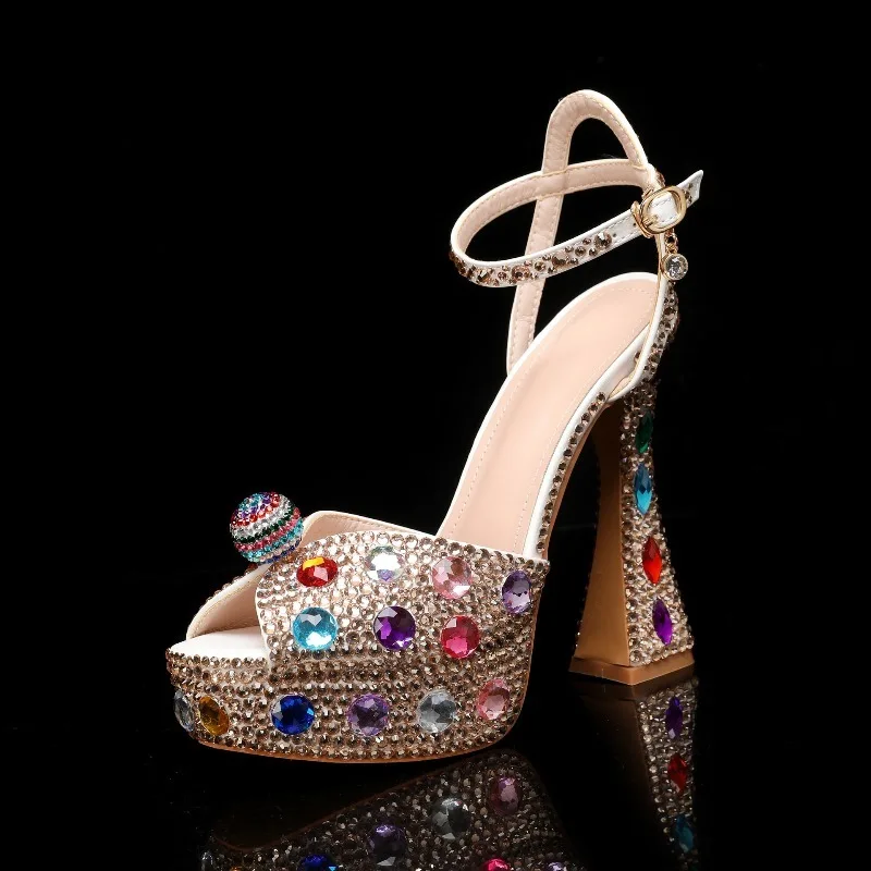 

14CM Colorful Rhinestones Women Gladiator Sandals Sexy Ankle Strap Platform Wedges High heels Fashion Summer Party Prom Shoes