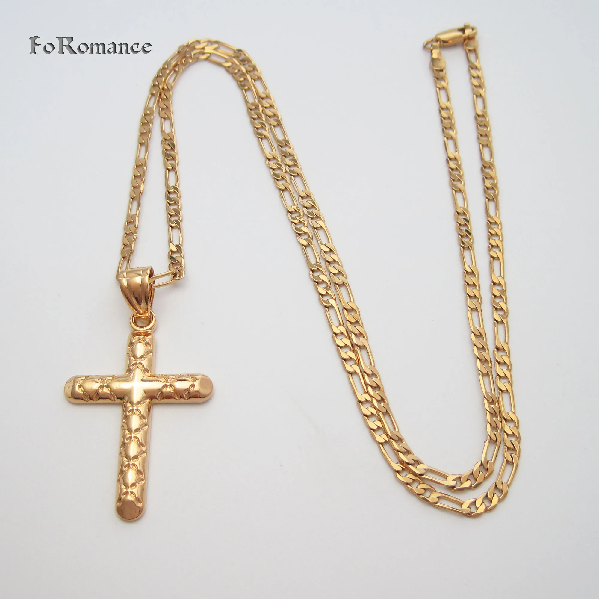 60CM FIGARO CHAIN CARVED PLAIN SURFACE WRONG MARK PATTERN CROSS PENDANT YELLOW GOLD COLOR GREAT GIFT