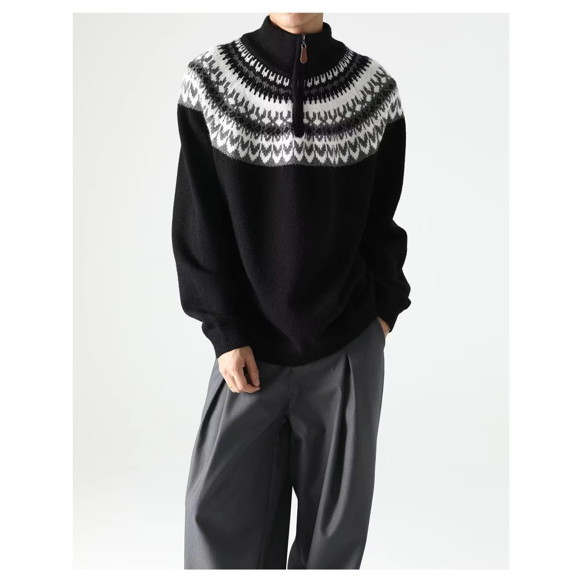 

Men's Autumn Winter f Zipper Stand Collar Knitted Sweater American Retro Floral Loose Fit Fce Lined Couple's Sweater