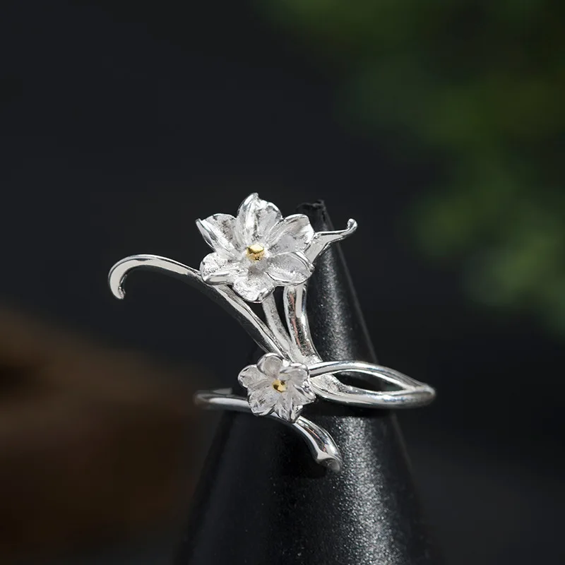 Amxiu Sterling Silver 925 design China-Chic personalized narcissus ring female ethnic flower ring jewelry