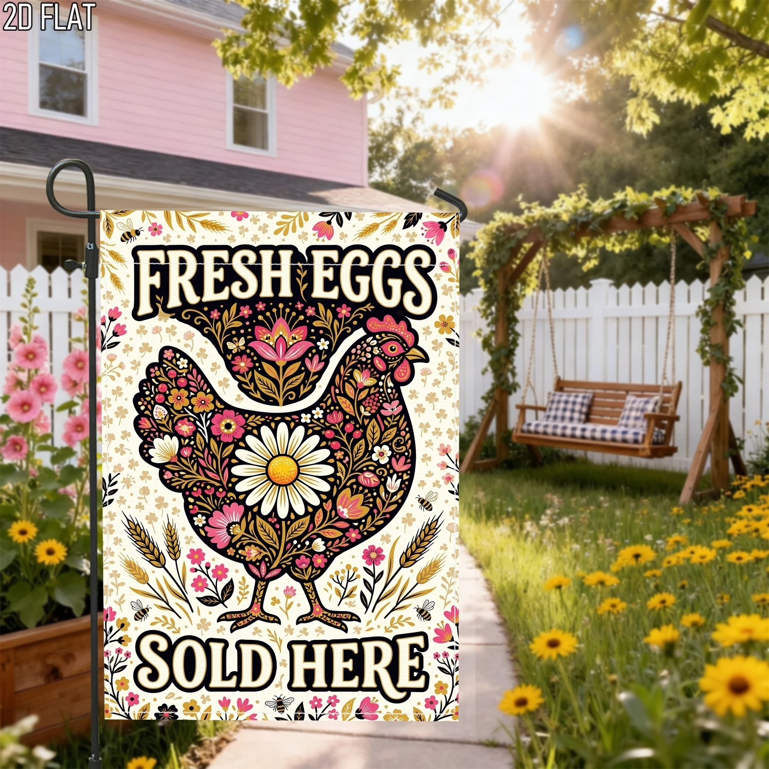 1pc Fresh Eggs Sold Here Floral Chicken Garden Flag Rustic Farmhouse Outdoor Yard Decor