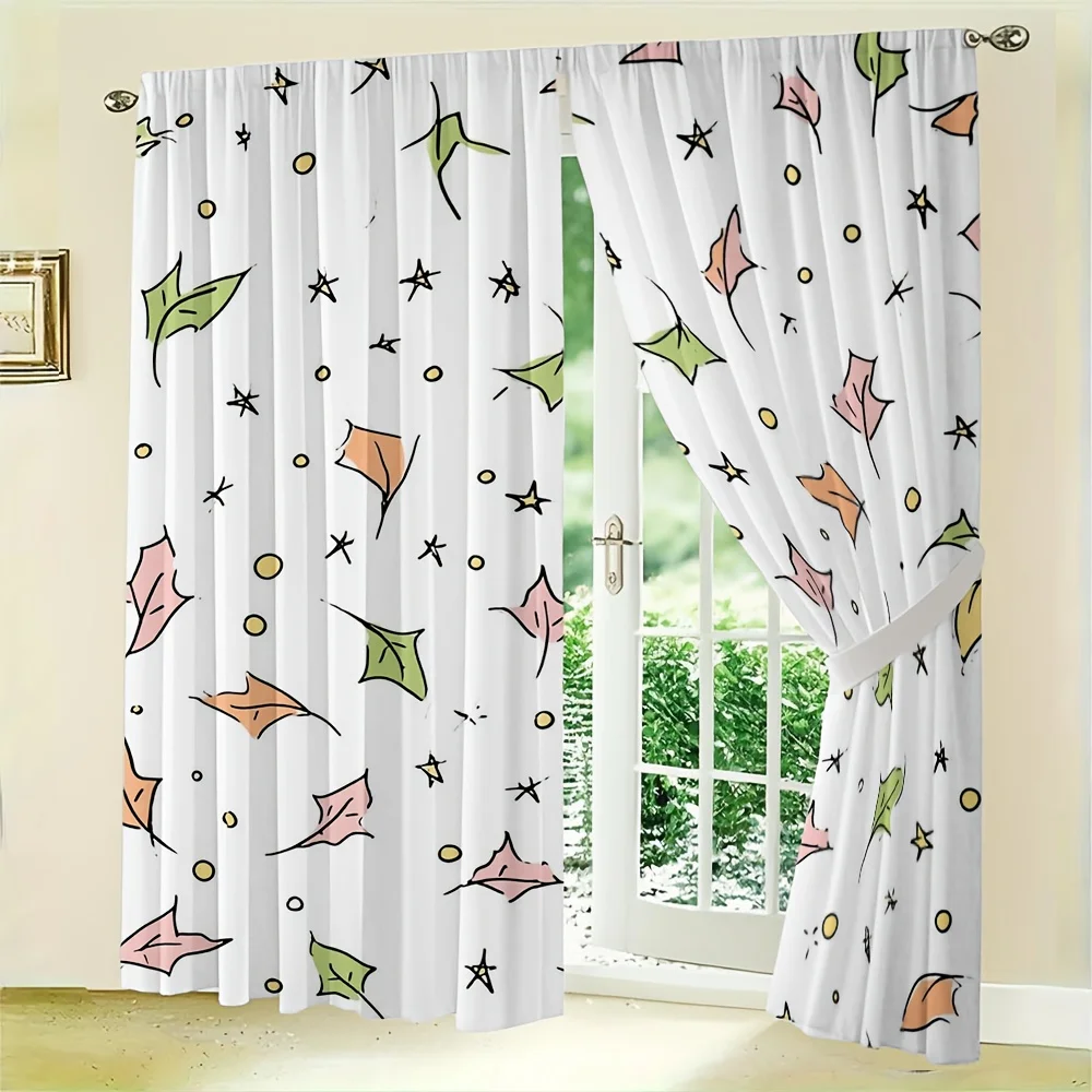 2pcs Abstract Botanical Curtain No Rod — Stylized Leaf Silhouettes, Stars  Peach, Olive & Gold on White for Modern Decor