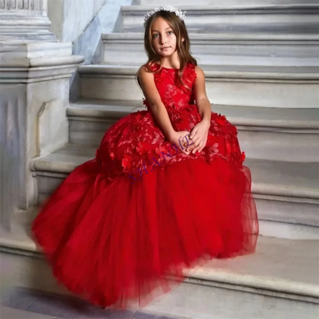 CustomizedFlower Applique Pleat Elegant Princess Flower Girl Dress Sleeveless Floor Length Long Ball First Communion Gown Custom