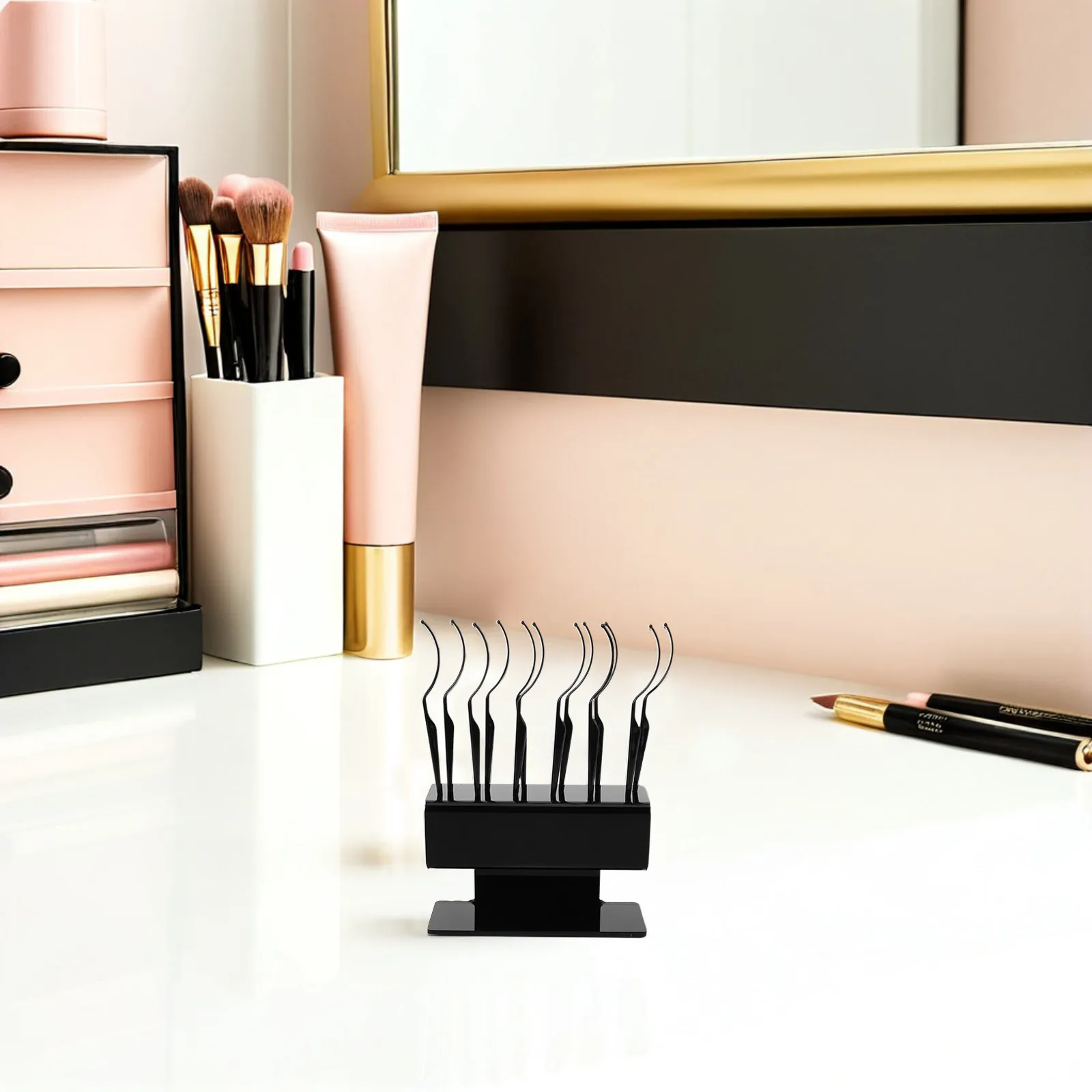 1Set Black False Eyelash Display Stand Lash Extension Holder with 12 Curved Sticks for Salon Makeup Desk Eyelash Storage