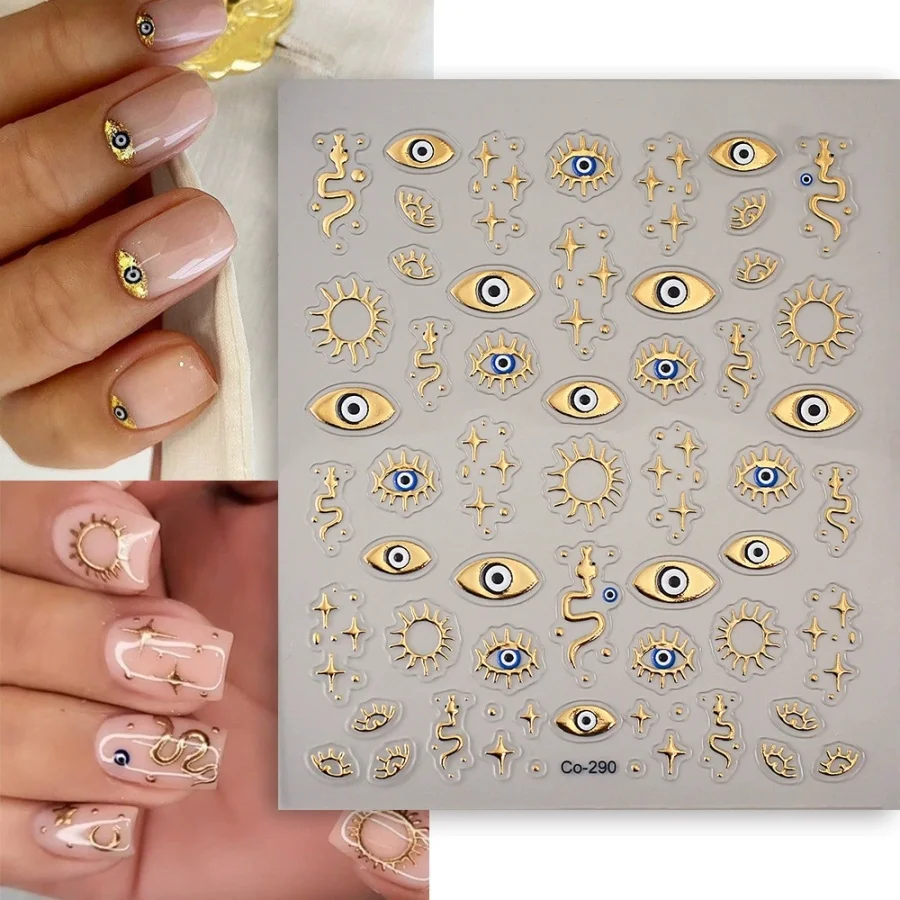 1pc Devil s Eye Nail Stickers Gold Foil Embossed Eyes Sun Stars 3D Wearable