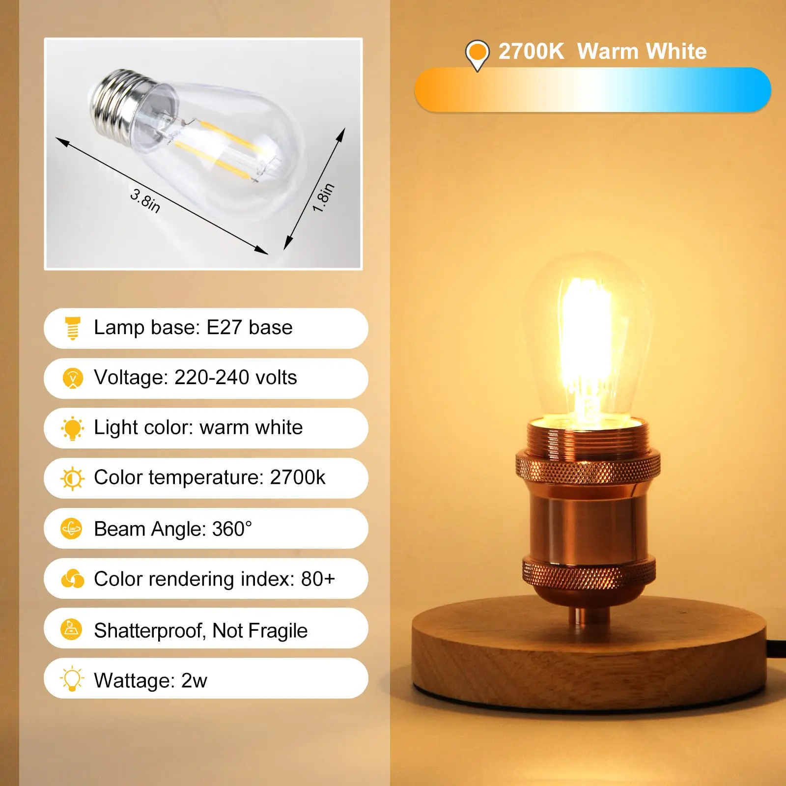 防水プラスチック交換用LEDフィラメント電球,2700K,220V,110V,24V,S14,2W,ビンテージスタイル