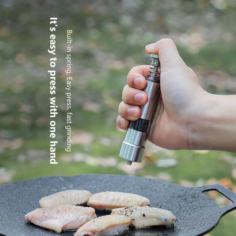 

Outdoor Manual Stainless Steel Pepper Grinder Camping Supplies Press Type Salt Pepper Grinders Picnic BBQ Pepper Grinding Bottle