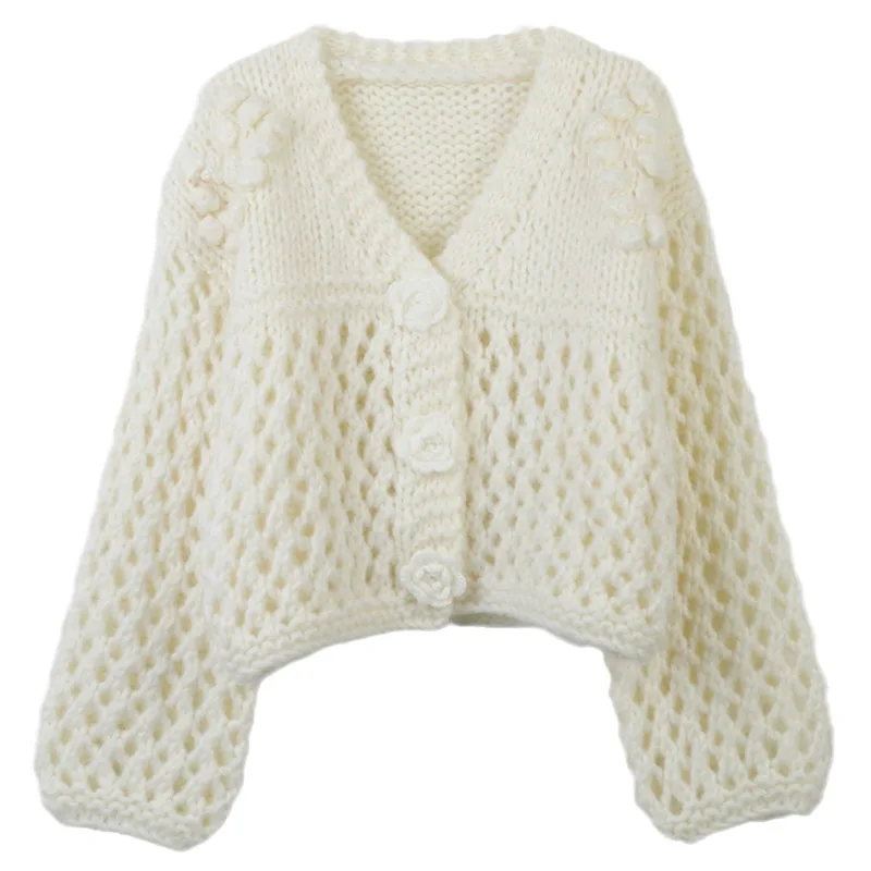 

2026 Bohemian Fashion White Flower Button V-Neck Knitted Cardigan Autumn And Winter Long Sleeve Women's Sweater Cardigan