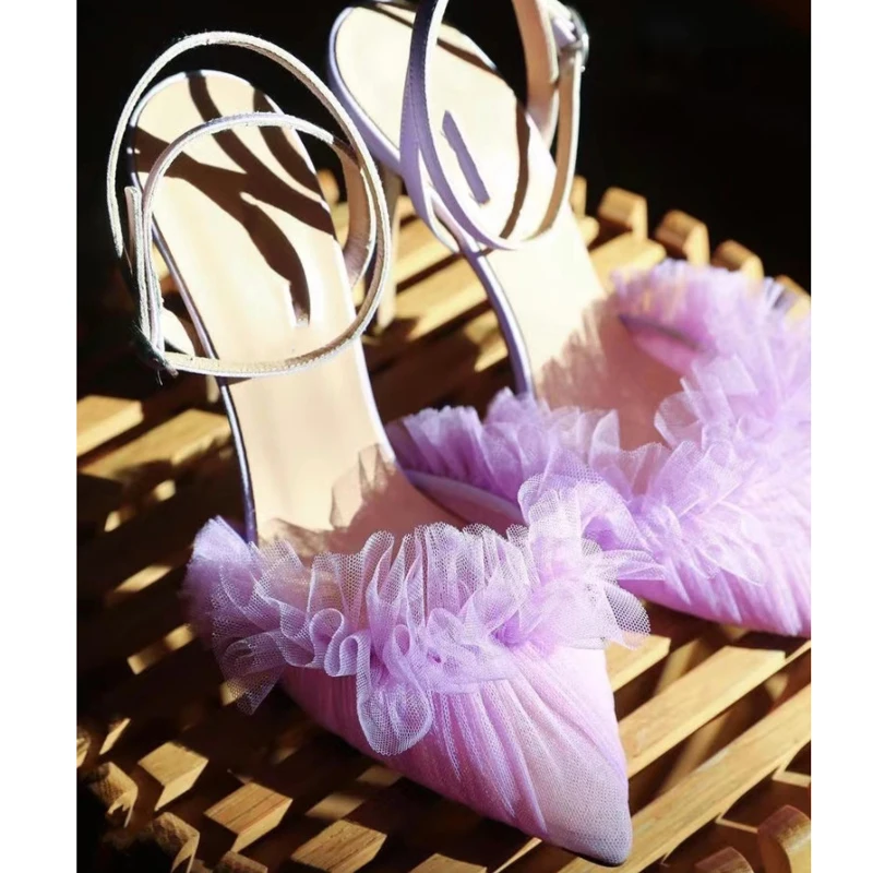 

Green Purple Romantic Mesh Ruffles Sandals Crystal Ankle Strap Thin High Heels Pointed Toe Woman Falbala Wedding pumps Shoes