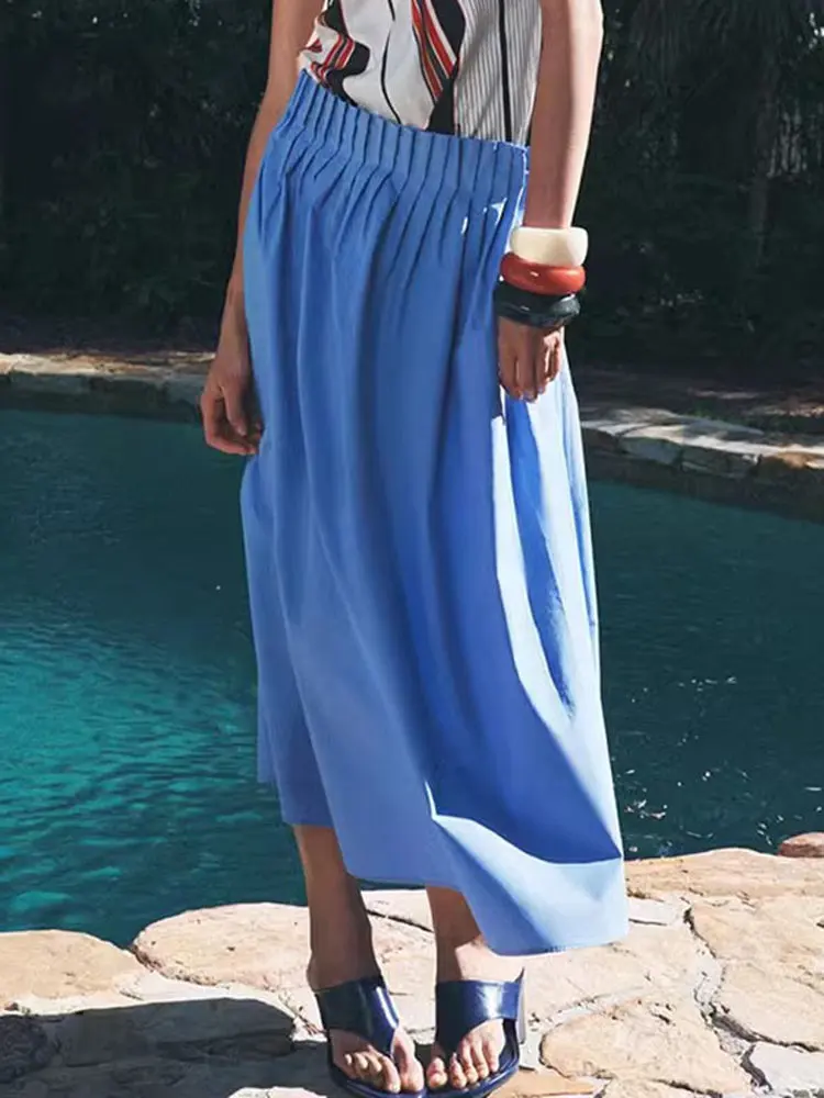 

Простая летняя новая однотонная шелковая повседневная юбка-миди с высокой талией, длинная юбка трапециевидной формы для женщин