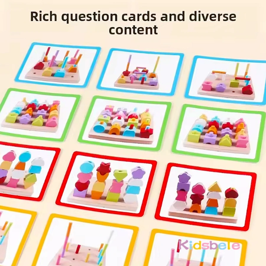 Jouet de correspondance des couleurs pour tout-petits, blocs d'empilage de perles de forme géométrique en bois avec cartes, jouet de motricité Fine Montessori, cadeau d'anniversaire