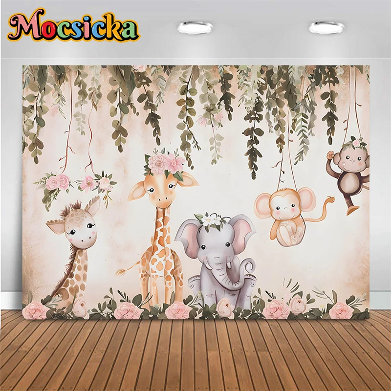 Arrière-Plan pour Photographie, Motif Singe, Girafe, Éléphant, Fleur, Animal, Décoration de 1er Anniversaire, pour Studio Photo