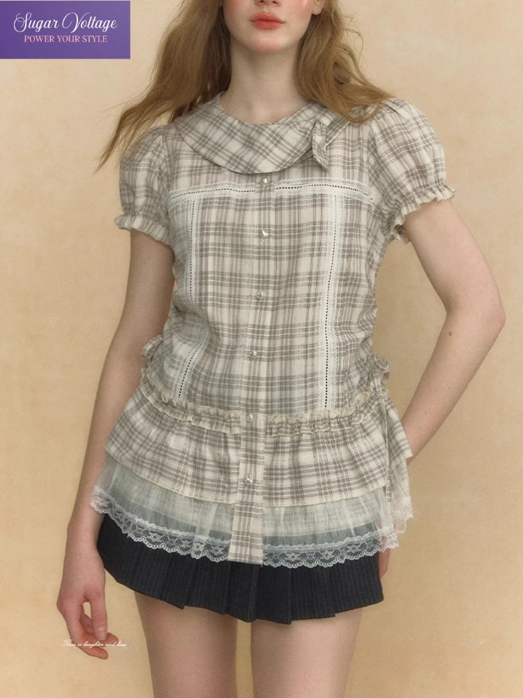 American Retro Style Puff Sleeve Doll Collar Plaid Y2k Shirt Women Summer Elegant Lace Trim Slim Tops Female Streetwear Blouses