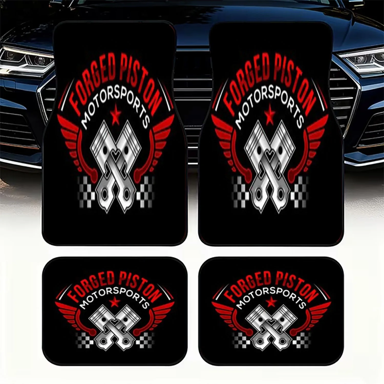 4pcs Forged Piston Motorsports Car Floor Mats | Polyester Material, Racing-Themed Design With Pistons & Checkered Flags, Univers