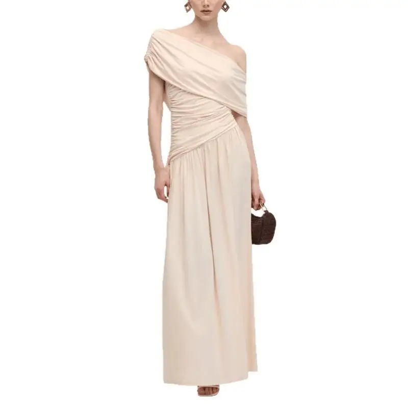 Jupe longue de soirée plissée, col incliné, Sexy, coupe cintrée, couleur Pure, taille haute, ligne a, t-shirt en Fiber d'acétate