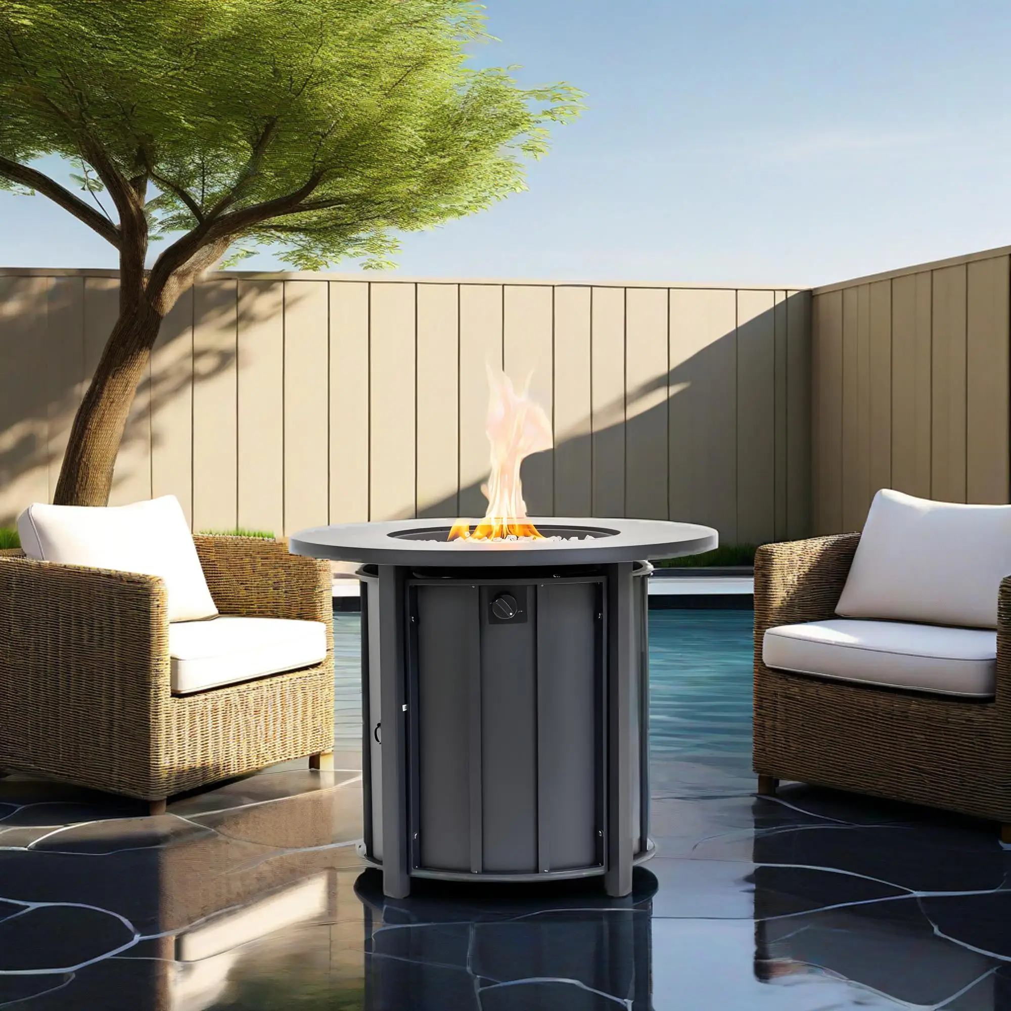30" Propane Gas Fire Pit Table Round Steel Fire Pit with Wood Grain Ceramic Tabletop for Outside Patio Deck Garden Backyard