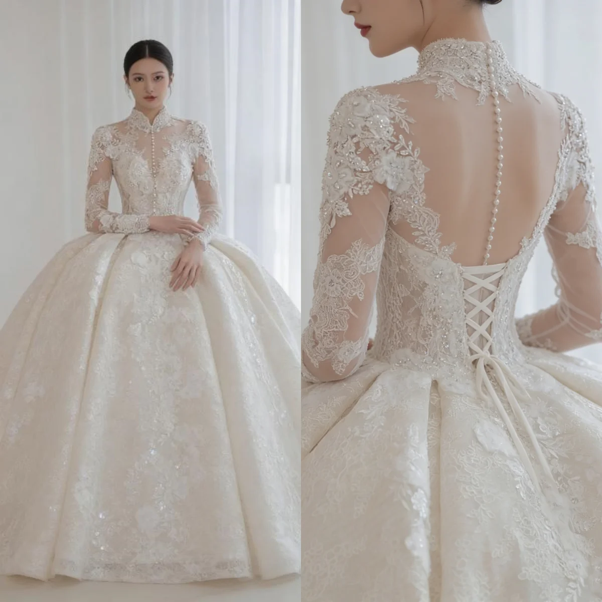 

Customized White Elegant Large Skirt Wedding Dress With High Collar Long Sleeves Lace Decals Pearl Sequins Vestido De Novia