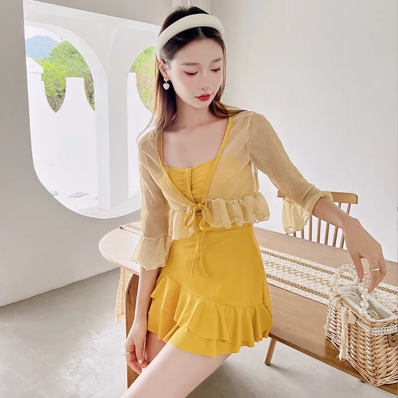 

Hot Spring Swimsuit Women's One-piece Conservative Cover Belly Slimming Long Sleeved Super Fairy Skirt Style Small Chest Set