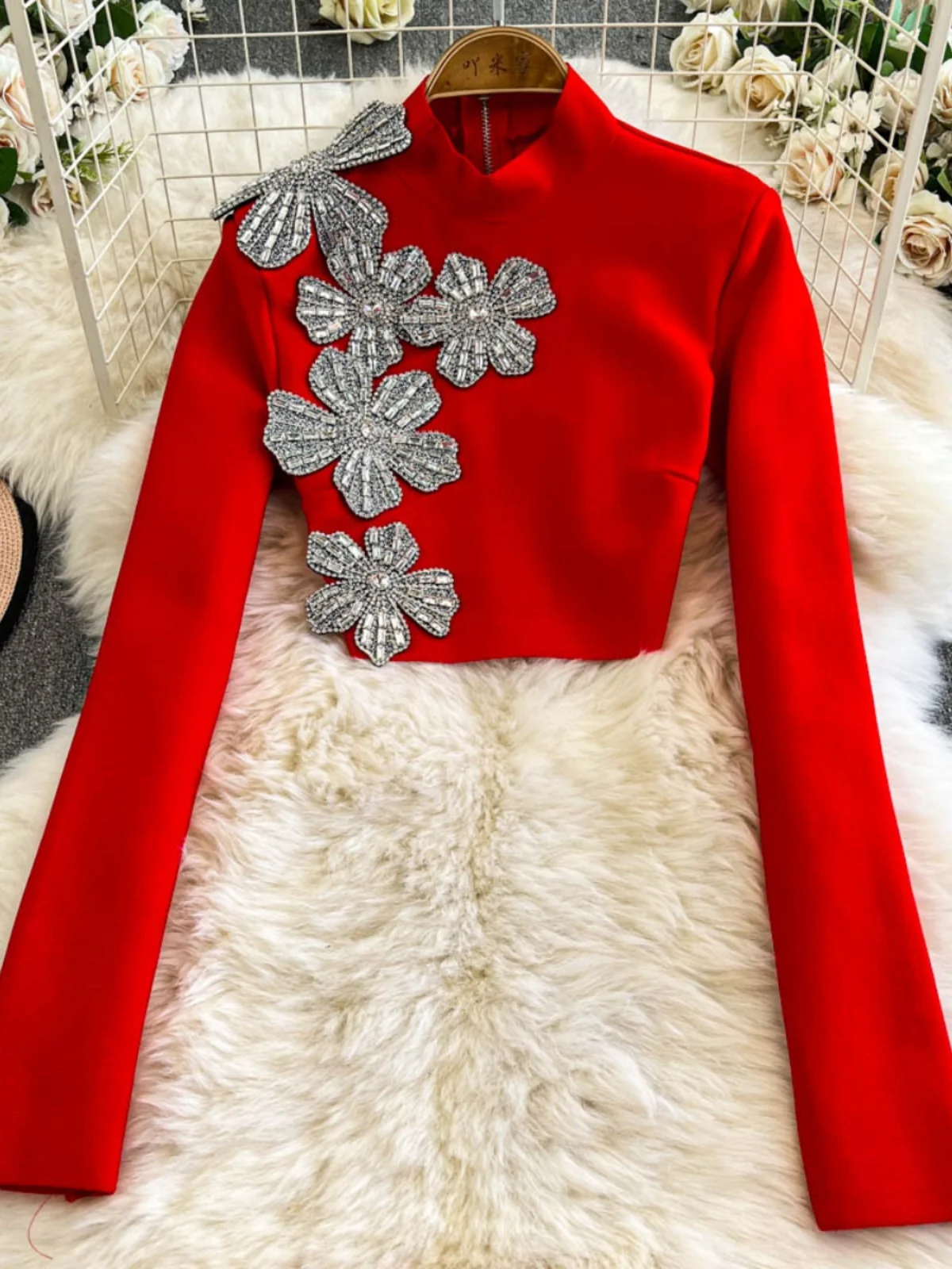 

Faionable Diamond Embedded Wrap Skirt Set Long Sve High Collar Slimming ort Top ort Skirt Two Piece Set for Women