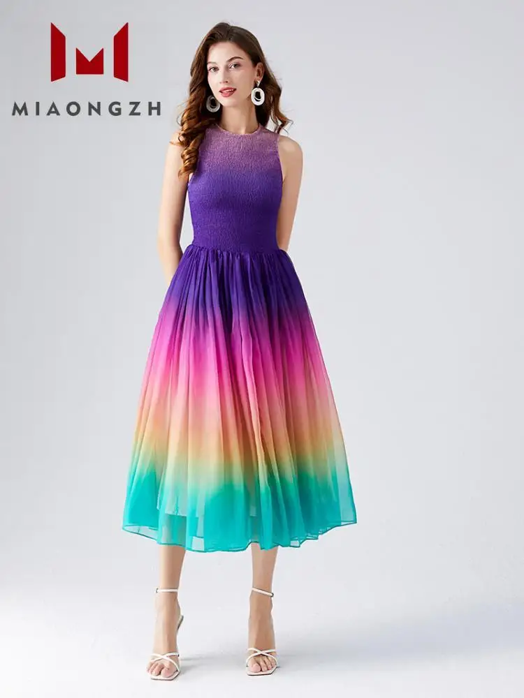 

Summer New Rainbow Color Elegant Dresses For Women Round Neck Sleeveless Slimming Patchwork Folds Fashion Streetwear A Line 2024