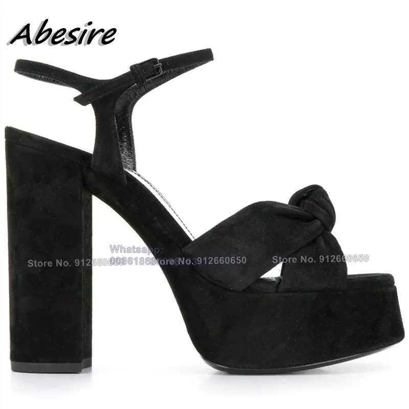 Abesire Red Platform Sandals Women Bow Knot Apricot Ankle Buckle Round Toe Chunky High Heel Sandals Beige Shoes On Heels Summer