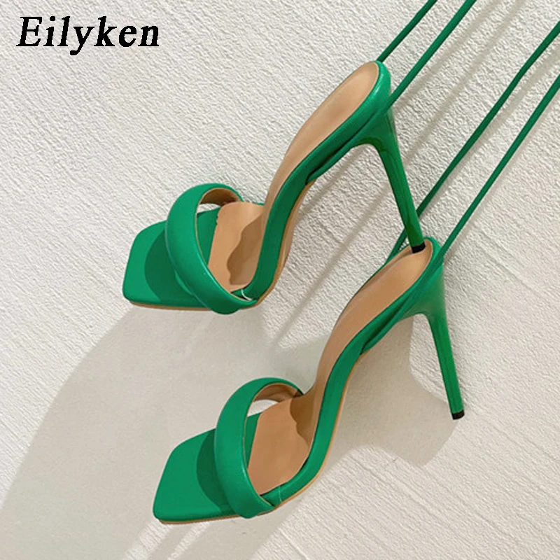 Eilyken Ankle Strap Green Women\'s High Heels Sandals Square Toe Female Party Shoes Sandalias De Mujer