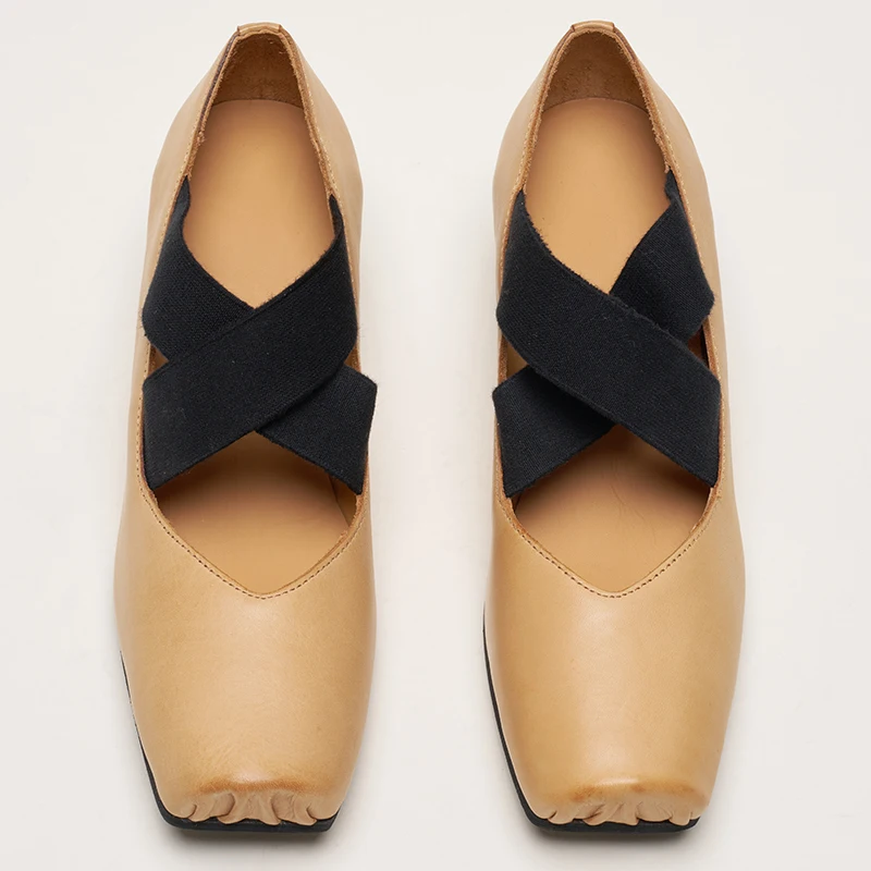 Women's Pig Nose Toe Ballet Shoes - Color Block Square Toe Mid Heel Slip-On Casual Comfort Pumps