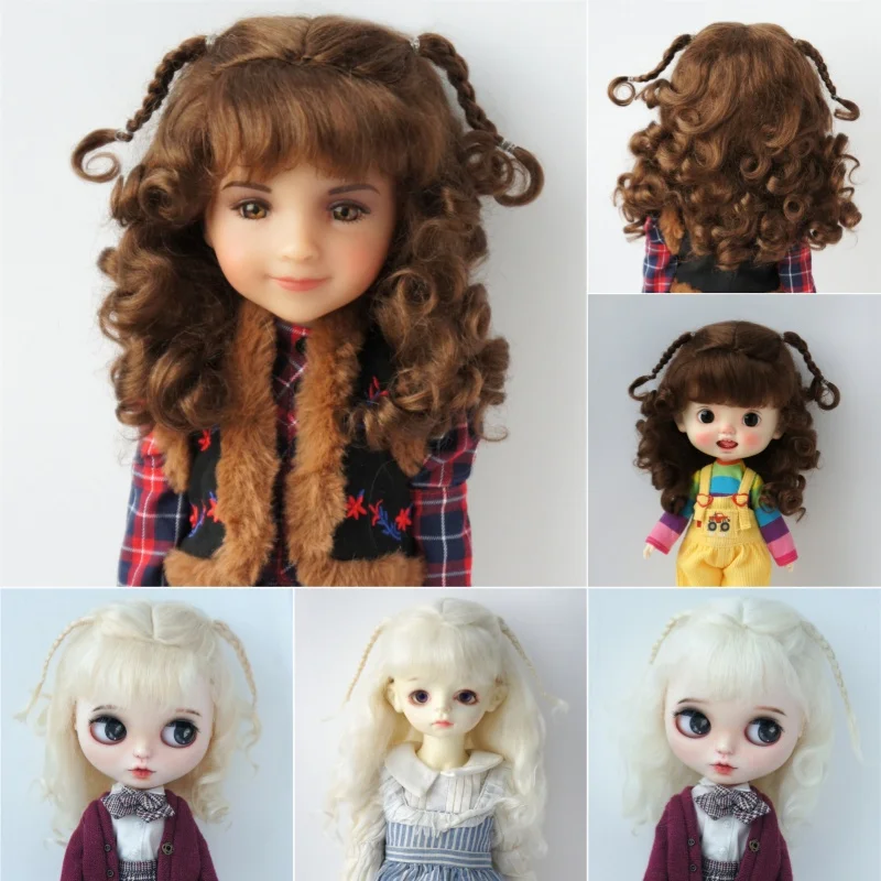 JD564 Long Curly Princess With Twins Mini Braids Pony Mohair BJD Wig  OB11 1/8 1/6 1/4 1/3 DOD Qbaby Bltyes Doll Hair